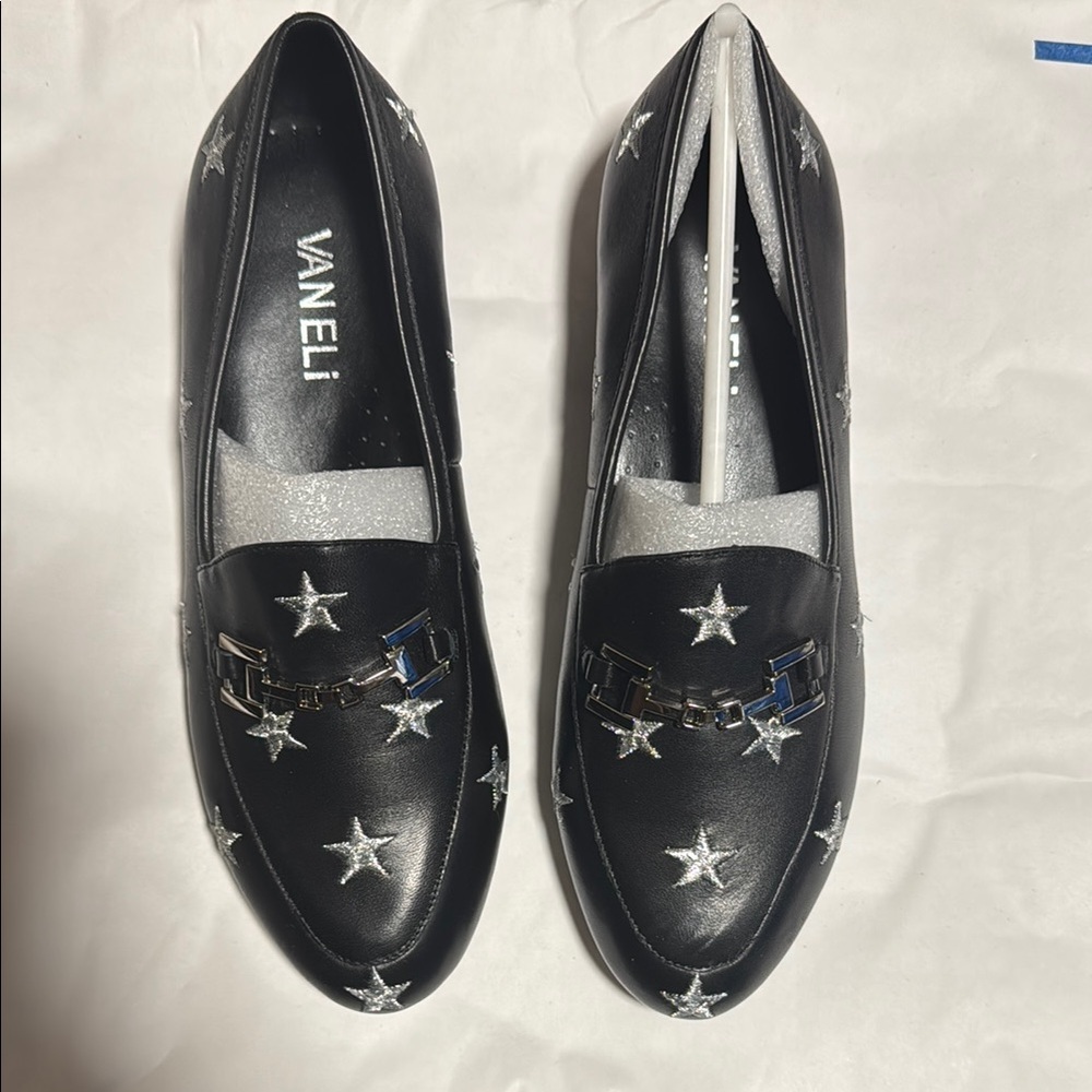 Vaneli Black Loafers with Silver Star Accents
